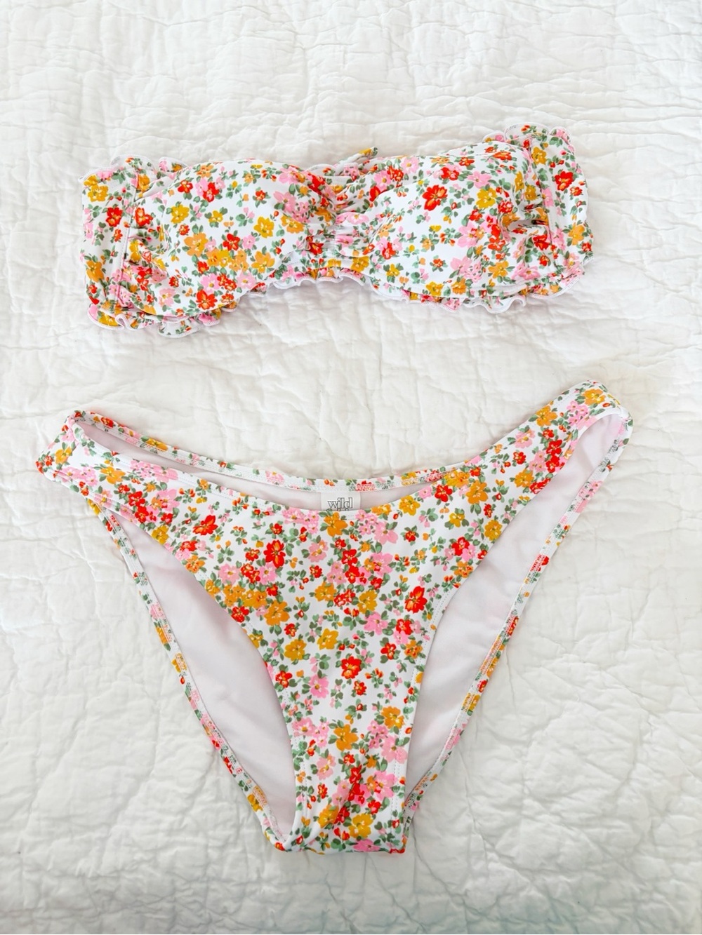 wild fable White Floral Bandeau Bikini Set with Pink, Red & Yellow Flowers
